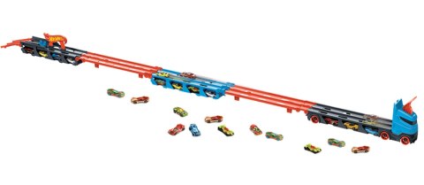 Hot Wheels. GVG37 City. Wyścigowy transporter 2w1 z 3 samochodami