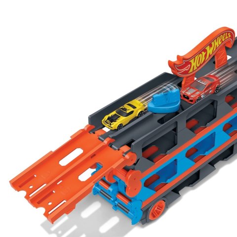 Hot Wheels. GVG37 City. Wyścigowy transporter 2w1 z 3 samochodami