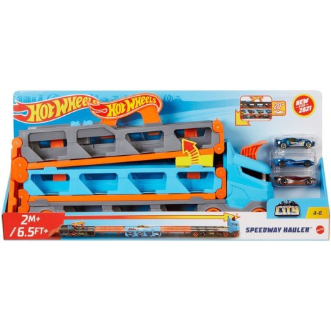 Hot Wheels. GVG37 City. Wyścigowy transporter 2w1 z 3 samochodami