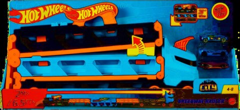 Hot Wheels. GVG37 City. Wyścigowy transporter 2w1 z 3 samochodami