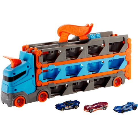 Hot Wheels. GVG37 City. Wyścigowy transporter 2w1 z 3 samochodami