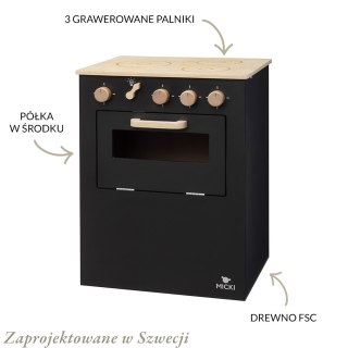 Czarna drewniana kuchenka dla dzieci Premium kuchnia piekarnik zabawa Micki