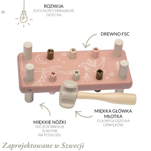 Drewniana przebijanka z gumowym młotkiem różowa, wbijanka, zabawka, Micki Drewniana przebijanka z gumowym młotkiem różowa, wbijanka, zabawka, Micki
