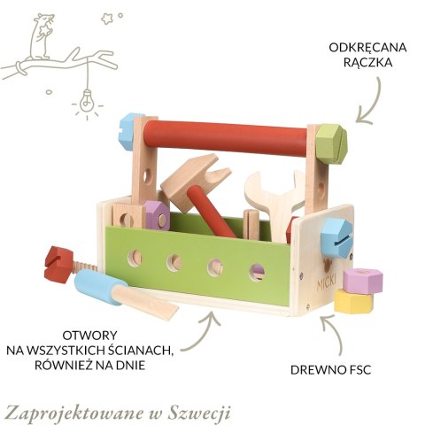 Drewniane narzędzia, zabawka dla dzieci, zestaw małego majsterkowicza Micki
