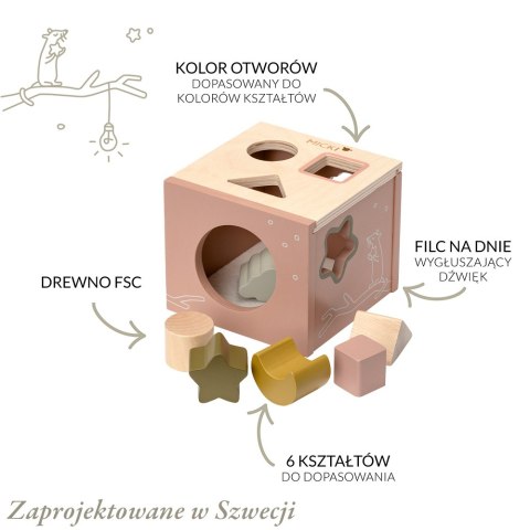 Drewniany sorter kształtów różowy, zabawka edukacyjna dla dzieci, Micki