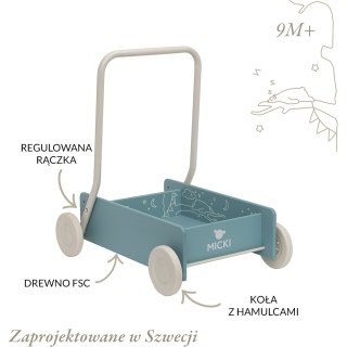 Niebieski drewniany chodzik pchacz, nauka chodzenia, dla dzieci, Micki