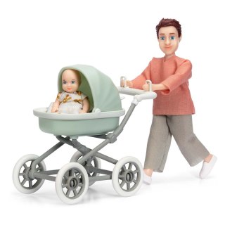 Lalka tata mężczyzna z dzieckiem i wózkiem zestaw, zabawka akcesoria Lundby