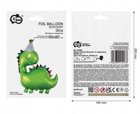 Balon foliowy Dinozaur w czapeczce, 66x80 cm Balon foliowy Dinozaur w czapeczce, 66x80 cm