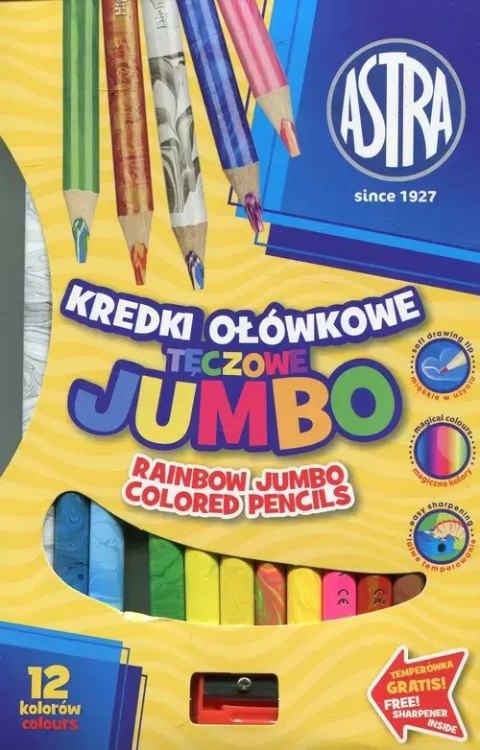 Kredki ołówkowe tęczowe Jumbo, 12 kolorów + temperówka Kredki ołówkowe tęczowe Jumbo, 12 kolorów + temperówka