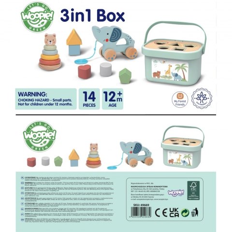 WOOPIE GREEN Pudełko Sorter Box 3w1 Klocki Piramidka Słonik FSC