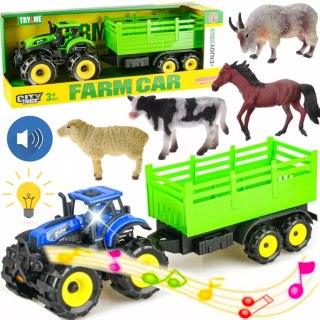 TRAKTOR CIĄGNIK Z PRZYCZEPĄ NA BATERIE (ŚWIATŁO DŹWIĘK) +1 ZWIERZĘ KOŃ OWCA