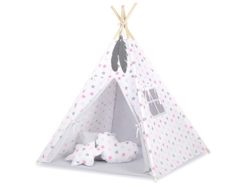 Namiot Tipi dla dzieci + zawieszki pióra - Gwiazdy szaro-różowe/szary Namiot Tipi dla dzieci + zawieszki pióra - Gwiazdy szaro-różowe/szary