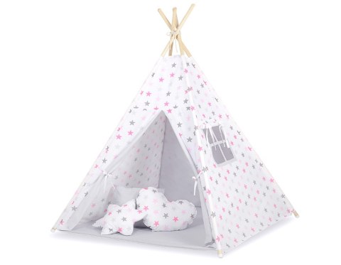 Namiot Tipi dla dzieci + zawieszki pióra - Gwiazdy szaro-różowe/szary Namiot Tipi dla dzieci + zawieszki pióra - Gwiazdy szaro-różowe/szary