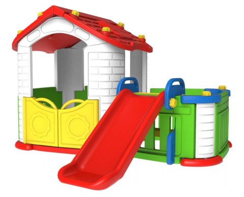 Domek ogrodowy 3w1 dla dzieci Czerwony + Zjeżdżalnia + Ogródek z płotkiem Domek ogrodowy 3w1 dla dzieci Czerwony + Zjeżdżalnia + Ogródek z płotkiem