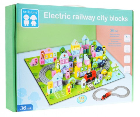 Drewniane Klocki "Moje Miasto" dla dzieci 3+ Zestaw 107 el. + Mata miasta + Tory kolejkowe + Pociąg Drewniane Klocki "Moje Miasto" dla dzieci 3+ Zestaw 107 el. + Mata miasta + Tory kolejkowe + Pociąg