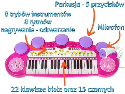 Różowy zestaw muzyczny Keyboard + Werble + Mikrofon dla dzieci 3+ Światła + Dźwięki 3 oktawy Różowy zestaw muzyczny Keyboard + Werble + Mikrofon dla dzieci 3+ Światła + Dźwięki 3 oktawy