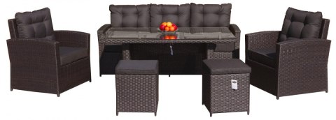 Zestaw Mebli ogrodowych 6w1 Techorattan Brązowy+ Sofa + Wysoki stół + 2 Fotele + 2 Pufy + 12 Poduszek Zestaw Mebli ogrodowych 6w1 Techorattan Brązowy+ Sofa + Wysoki stół + 2 Fotele + 2 Pufy + 12 Poduszek