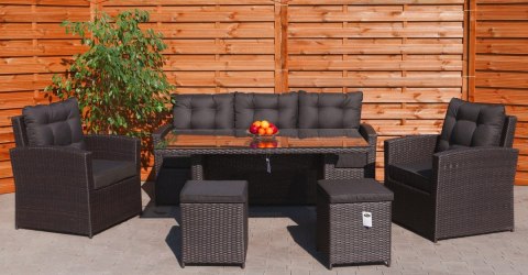 Zestaw Mebli ogrodowych 6w1 Techorattan Brązowy+ Sofa + Wysoki stół + 2 Fotele + 2 Pufy + 12 Poduszek Zestaw Mebli ogrodowych 6w1 Techorattan Brązowy+ Sofa + Wysoki stół + 2 Fotele + 2 Pufy + 12 Poduszek