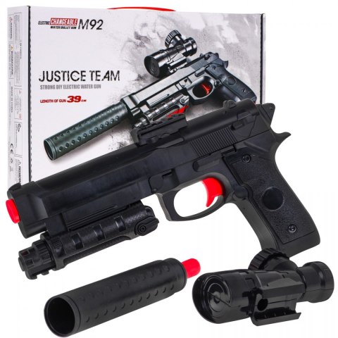 Pistolet z akcesoriami dla dzieci 6+ Imitacja M92 + Tłumik + Celownik + Kulki z hydrożelem Pistolet z akcesoriami dla dzieci 6+ Imitacja M92 + Tłumik + Celownik + Kulki z hydrożelem