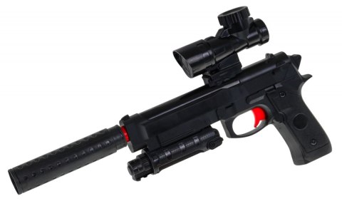 Pistolet z akcesoriami dla dzieci 6+ Imitacja M92 + Tłumik + Celownik + Kulki z hydrożelem Pistolet z akcesoriami dla dzieci 6+ Imitacja M92 + Tłumik + Celownik + Kulki z hydrożelem