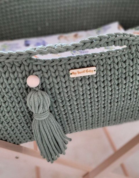 Kosz Mojżesza BOHO bawełniany Handmade z materacykiem - szałwia