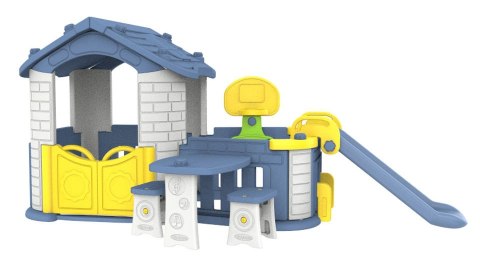 Duży Domek ogrodowy 5w1 dla dzieci + Zjeżdżalnia + Koszykówka + Ogródek + Stolik + 2 Krzesełka Niebieski Dach Duży Domek ogrodowy 5w1 dla dzieci + Zjeżdżalnia + Koszykówka + Ogródek + Stolik + 2 Krzesełka Niebieski Dach