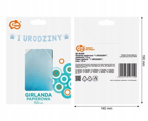 Girlanda papierowa 1 URODZINY, niebieska, 1,5 m. Girlanda papierowa 1 URODZINY, niebieska, 1,5 m.