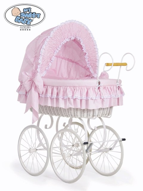 Kosz Mojżesza Retro Victoria - Biały + różowa pościel z białą haftowaną koronką Kosz Mojżesza Retro Victoria - Biały + różowa pościel z białą haftowaną koronką