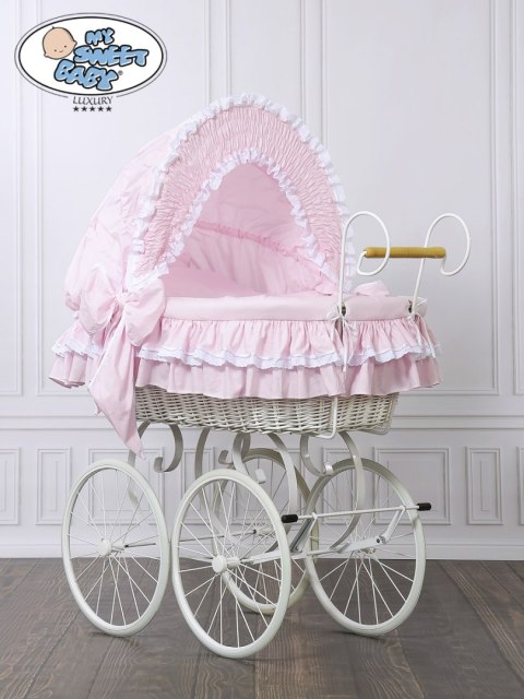 Kosz Mojżesza Retro Victoria - Biały + różowa pościel z białą haftowaną koronką Kosz Mojżesza Retro Victoria - Biały + różowa pościel z białą haftowaną koronką