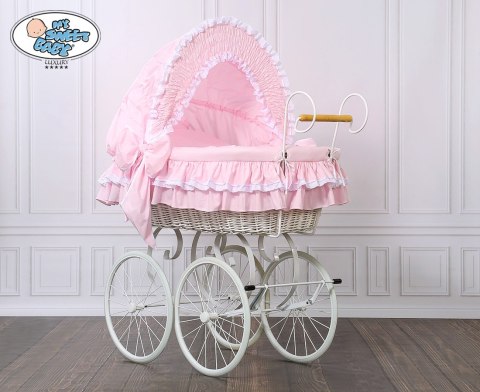 Kosz Mojżesza Retro Victoria - Biały + różowa pościel z białą haftowaną koronką Kosz Mojżesza Retro Victoria - Biały + różowa pościel z białą haftowaną koronką