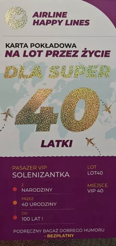 Karnet karta pokładowa 40 urodziny damskie Karnet karta pokładowa 40 urodziny damskie
