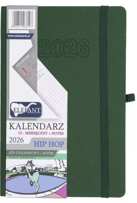 Kalendarz książkowy 2026 A5 tygodniowy Hip hop, zielony Kalendarz książkowy 2026 A5 tygodniowy Hip hop, zielony