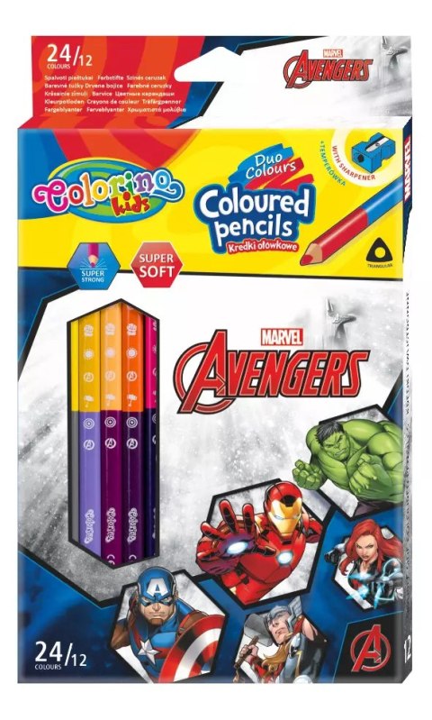 Kredki ołówkowe trójkątne Colorino Kids 24 kolorów 12 sztuk z temperówką Avengers Kredki ołówkowe trójkątne Colorino Kids 24 kolorów 12 sztuk z temperówką Avengers