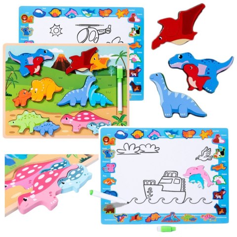 Układanka Tablica 2w1 Drewniana Edukacyjna Pisak Dinozaury 12el Układanka Tablica 2w1 Drewniana Edukacyjna Pisak Dinozaury 12el