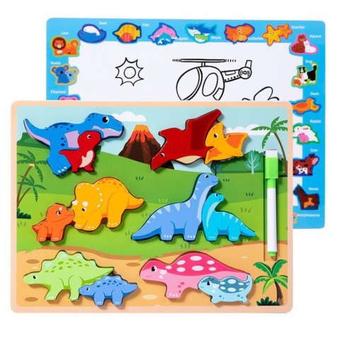 Układanka Tablica 2w1 Drewniana Edukacyjna Pisak Dinozaury 12el Układanka Tablica 2w1 Drewniana Edukacyjna Pisak Dinozaury 12el