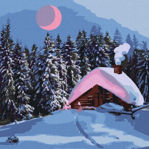 Malowanie po numerach - Zaśnieżona chata 40x40cm Malowanie po numerach - Zaśnieżona chata 40x40cm