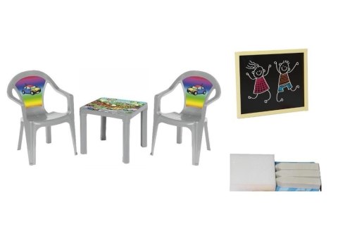 Stolik i dwa krzesła + tablica pastel szary
