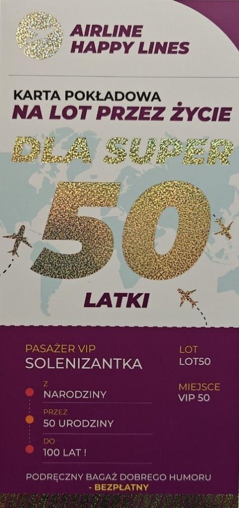 Karnet karta pokładowa 50 urodziny damskie Karnet karta pokładowa 50 urodziny damskie