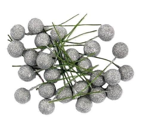 Owoce ostrzokerzewu 12cm srebrne brokat