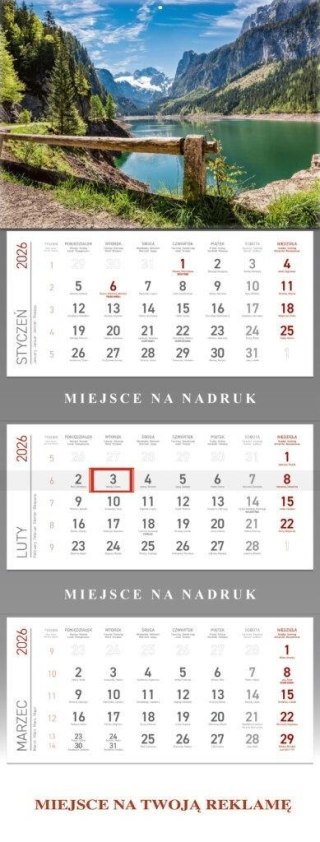 Kalendarz 2026 ścienny trójdzielny Górskie jezioro