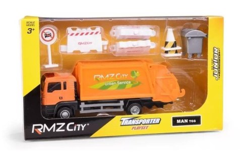 Śmieciarka + znaki drogowe + pachołki