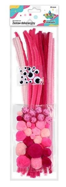 Zestaw druciki, pompony, oczka różowe 80szt