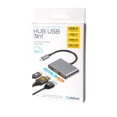 PLATINET USB-C 3.2 GEN2 10GB/S MEDIA HUB 3IN1 HDMI 4K USB-A 3.2 USB-C PD 100W ALUMINUM [45984]