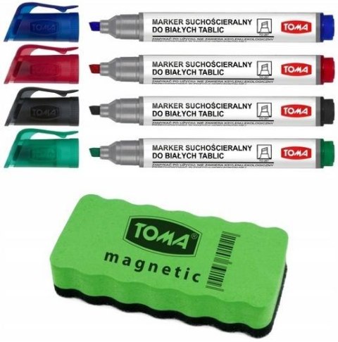 Marker do tablic białych 4 kolory + gąbka TOMA