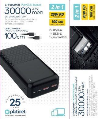 PLATINET POWER BANK 30000 mAh 20W PD + CABLE USB-C 1M HONEYCOMB BLACK [45933]