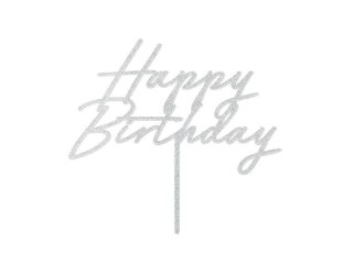 Topper na tort Happy Birthday srebrny 18x16,5cm