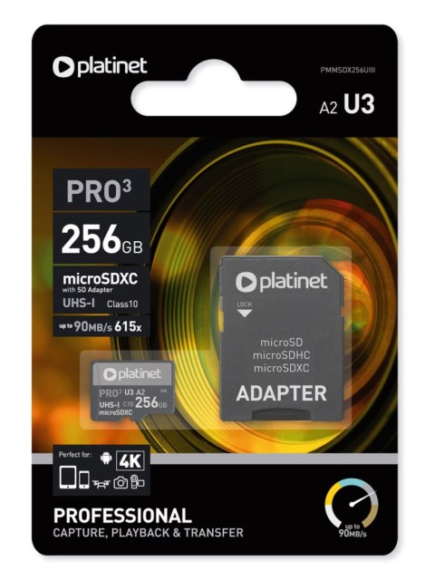 PLATINET microSDXC + ADAPTER SD 256GB class10 U3 A2 90MB/s [45094]
