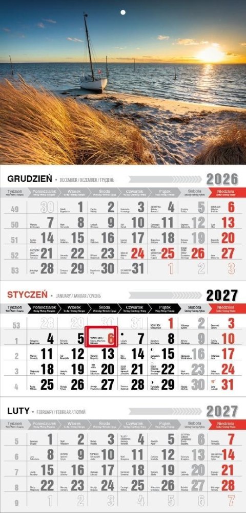 Kalendarz 2027 trójdzielny z magnesem Morze