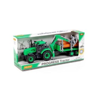 ND17_ZB-158202 Polesie 96487 Traktor Progres inercyjny z podnośnikiem i przyczepą do przewozu dłużycy, zielony w pudełku