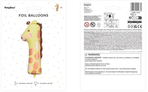 Balon foliowy urodzinowy cyfra "1" - Żyrafa 31x82 cm Balon foliowy urodzinowy cyfra "1" - Żyrafa 31x82 cm